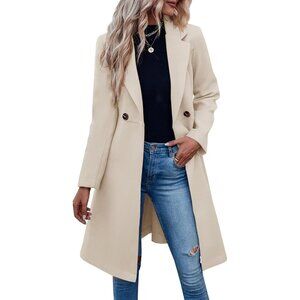 Womens Beige Pea Notched Lapel Double Breasted Business Casual Trench Coats